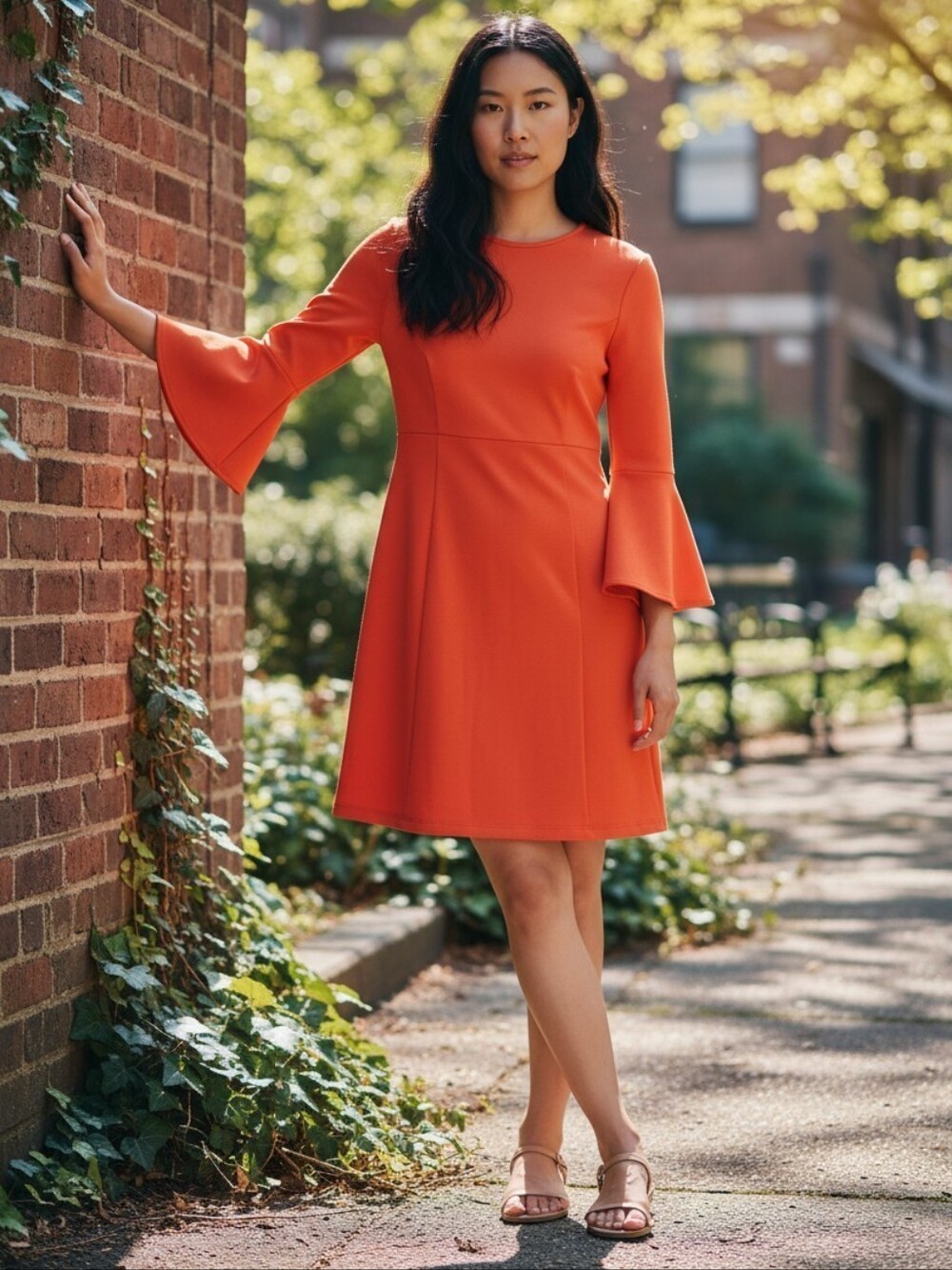 Jude Connally Orange Fit In Flare Flute Sleeve Dress Sz Small
